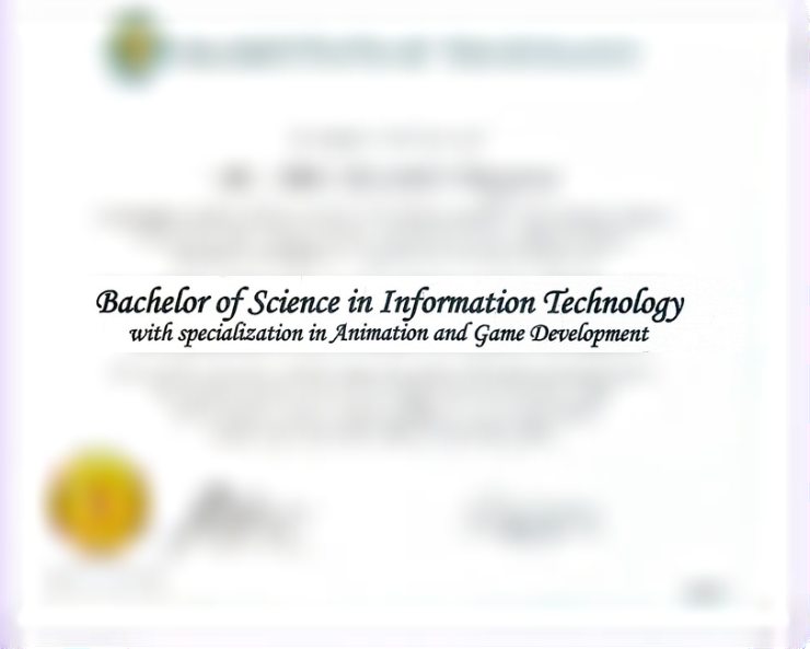 Diploma preview showing only the degree: Bachelor of Science in Information Technology with specialization in Animation and Game Development